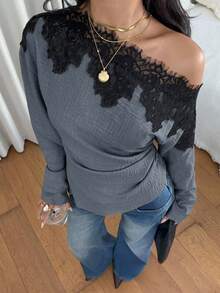 Siren Gaze Women's Asymmetrical Shoulder Lace Patchwork Pleated Elegant Top - Dusty Blue - View 8