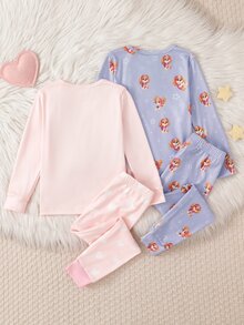 SHEIN | PAW Patrol 4件組秋冬女童幼兒睡衣套裝 聯名款可愛小狗印花 柔軟舒適 緊身高彈薄款 長袖長褲居家服 合身款 - 粉色 - 查看 2