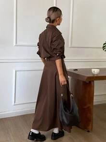 DAZY طقم نسائي للخريف بأسلوب التنقل اليومي، جاكيت فضفاض كاجوال بياقة & بنطلون ساق مستقيمة باللون البني الداكن - قهوة بني - مشاهدة 2