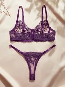 Charlaine Women's Lace Sexy Daily Spaghetti Strap Bra And Thong Lingerie Set - Purple - View 2