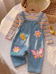 SHEIN Cute Baby Girl's Overall Jumpsuit Featuring Butterfly, Bee, And Flower Prints; Suitable For Autumn And Winter Wear. - Multicolor - View 4