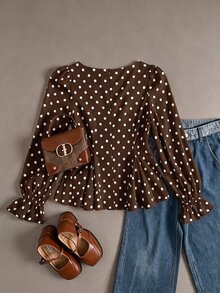 SHEIN Girlism 青少年女孩優雅復古花瓣袖波點印花襯衫 - 棕色 - 查看 5