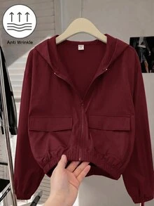 SHEIN 青少年女孩編織純色貼袋短版寬鬆休閒連帽外套，秋冬款，度假風 - 酒紅色 - 查看 6