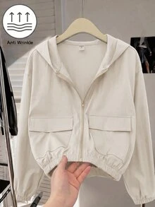 SHEIN 青少年女孩編織素色貼袋短版寬鬆休閒連帽外套，秋冬款，度假風 - 杏色 - 查看 6