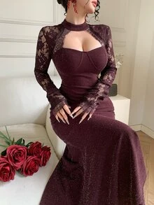 DAZY Women's Elegant Lace Patchwork Sexy Mermaid Dress - Brown - View 5