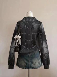 SHEIN EZwear 女款蜘蛛印花長袖半拉鍊深色時尚風運動衫，萬聖節蜘蛛網運動衫，秋季運動衫，適合日常通勤、派對、秋冬/夏季、聖誕節、新年、感恩節、派對、婚禮、海灘、畢業典禮、優雅、外出、約會、通勤、情人節、優雅、Y2K - 彩色 - 查看 2