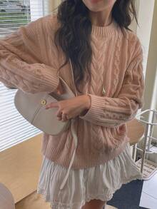 DAZY Solid Color Loose Round Neck Long Sleeve Cable Knit Casual Vintage Korean Style Daily Autumn/Winter Knit Sweater For Women - Pink - View 6