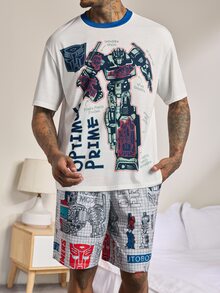Transformers X SHEIN طقم ملابس منزلية للرجال بطبعة كرتونية، ملابس علوية قصير الأكمام وشورت بجيوب - ازرق وابيض - مشاهدة 6