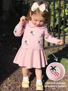 LMoss Kids Baby Girl Knit Cute Strawberry Pattern Pink Peter Pan Collar Sweater And Autumn Skirt 2 Pieces Set - Pink - View 5