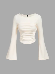 SHEIN MOD 女款純色百褶休閒日常穿著喇叭袖T恤 4件/組 - 彩色 - 查看 9