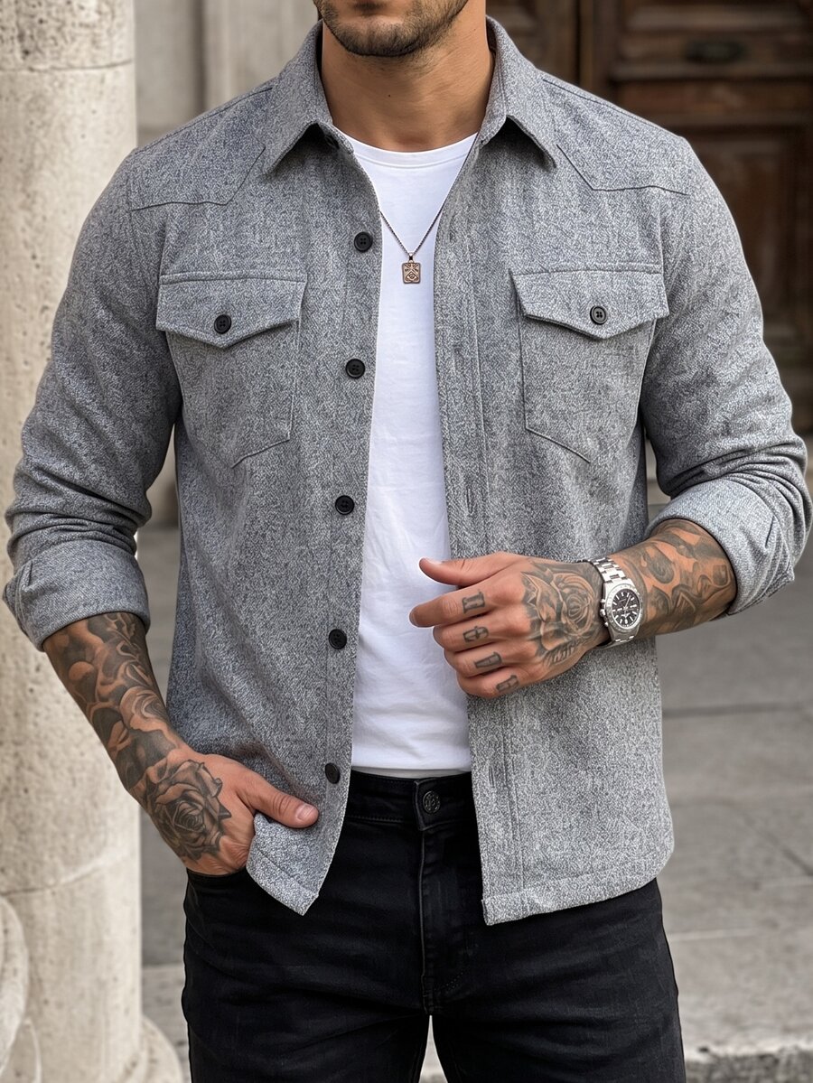 Manfinity CasualCool EN:2026 Spring Summer Men Retro Workwear Overshirt Shacket, Urban Casual Style, Heather Grey Texture - Grey - View 1