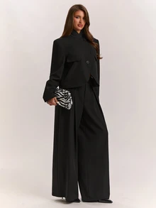 SHEIN BAE Women's Solid Color Long Sleeve Jacket And Pants Suit Set - Dark Grey - View 3