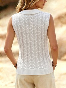 RosyDaze European Style Elegant Cable Knit Vest For Women, V-Neck Pearl Button Sleeveless Top With Collar, Versatile Commuter Wear - White - View 2