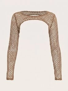 SHEIN ICON 純色魚網超短版黑色上衣 - 摩卡棕 - 查看 1