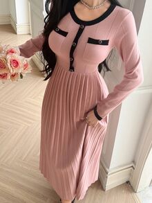 DAZY Autumn/Winter Round Neck Contrast Black Trim Pleated A-Line Pink Elegant Commute Date Women Sweater Dress - Pink - View 6
