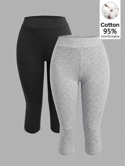 SHEIN EZwear Women's 2pcs Black & Light Grey Floral 3/4 Length Slim Fit Casual Leggings, Suitable For Summer & Autumn