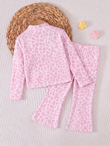 SHEIN 女童小女孩針織純色立領休閒夾克與長褲兩件套，刷毛加厚面料，適合秋冬 - 彩色 - 查看 2