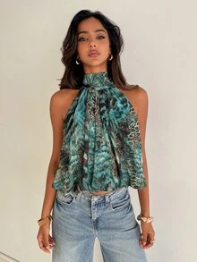 Aloruh Boho Sexy Halter Neck Chiffon Leopard Print Women's Top - Multicolor - View 4