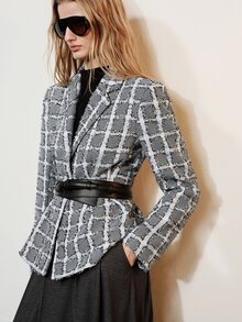 Aveloria Modichic Jaket Blazer Klasik Retro Kasual untuk Perjalanan Sehari-hari, Serbaguna, Motif Kotak-kotak Houndstooth, Rumbai, Warna Kontras, Memperlangsingkan Pinggang, Kancing Tunggal, Kerah, - Hitam dan Putih - View 1