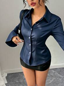 Rafferiza 休閒性感優雅日常百搭收腰喇叭袖海軍藍女款秋季襯衫 適合辦公室、夜晚外出、商務場合 - 藍色 - 查看 1