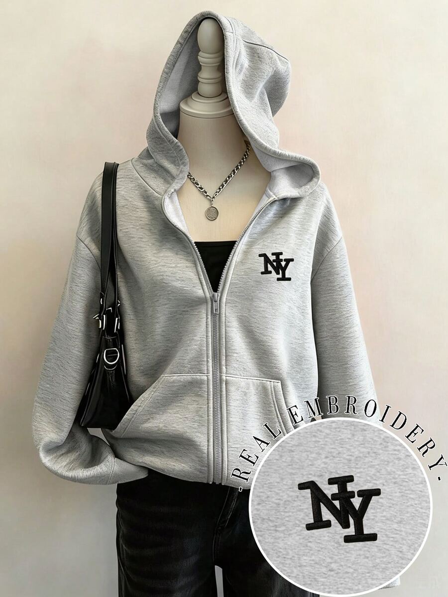 Collagica Collagica 女款黑色紐約 NY 字母刺繡休閒街頭風拉鍊連帽衛衣，休閒四季夾克，優雅舒適設計，休閒外出衛衣，淺灰色休閒衛衣 - 淺灰色 - 查看 1