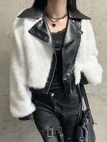 FRIFUL 女款毛絨拼接休閒街頭風性感百搭日常長袖外套 秋季夜生活 黑白配色 - 杏色 - 查看 1