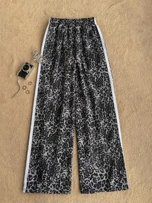 Attitoon 女款休閒街頭風黑灰色豹紋保暖內裡運動衫布料長褲，附織帶裝飾，適合秋冬穿著 - 彩色 - 查看 2