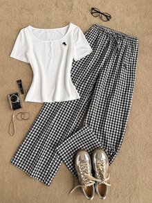 Tseoso Women's Knight Embroidery Short Sleeve T-Shirt And Plaid Long Pants Casual Preppy 2 Pieces Set Everyday School White Black And White Summer - Black and White - View 3