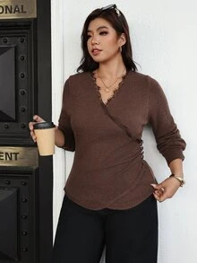 Vionelle Plus Size Women's Lace V-Neck Criss-Cross Wrap Knit Top Side Ruched Button Waist Long Sleeve Slim Fit Undershirt Party Formal Brown Autumn Elegant - Coffee Brown - View 6