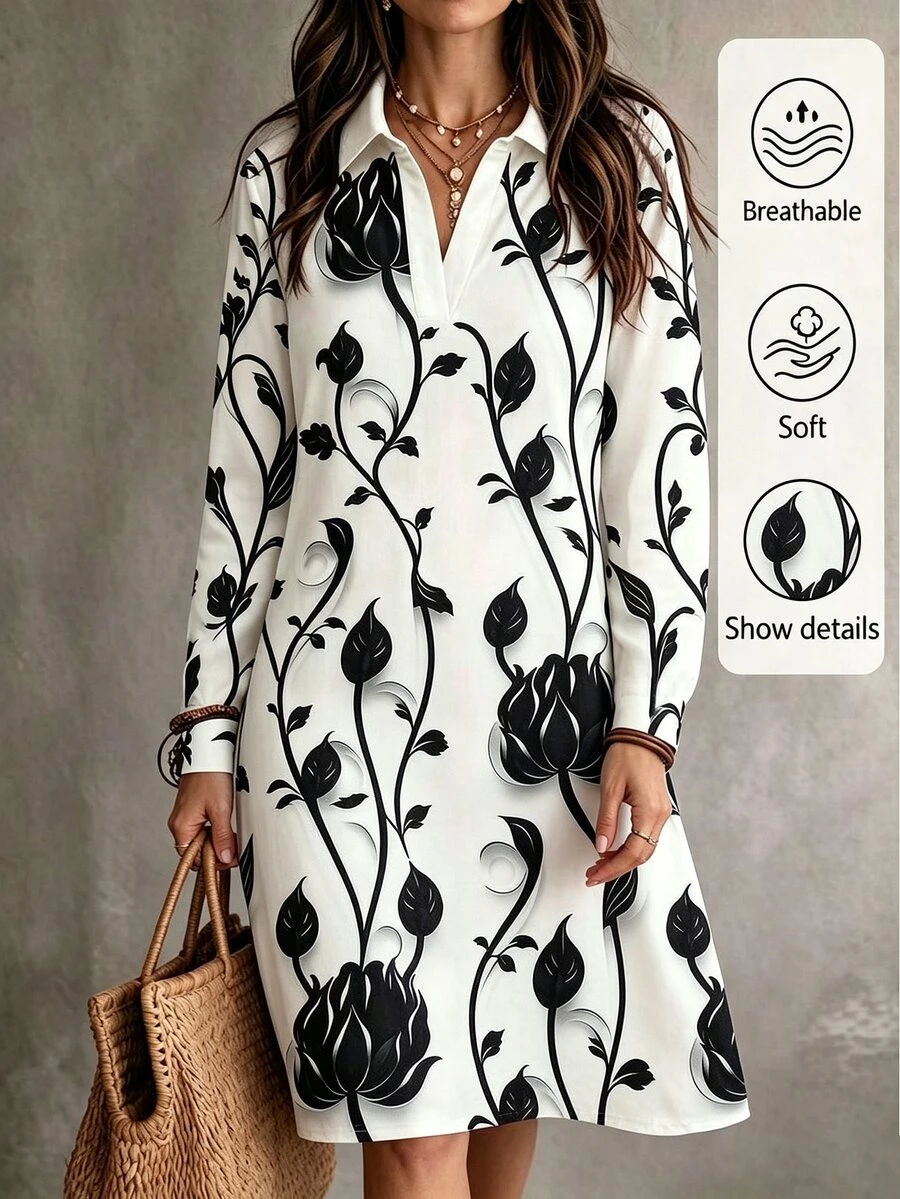 Selamara Gaun Lengan Panjang Kerah Polo Motif Bunga - MultiWarna - View 1