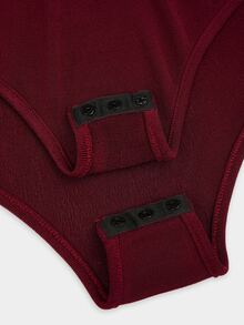 Sweetra Plus Size Burgundy Stand Collar Ruched Chest Fitted Long Sleeve Bodysuit - Burgundy - View 3