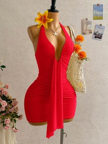 Soleia 女款春夏休閒性感深V領掛脖蝴蝶結抓皺緊身迷你洋裝，適合海灘、郵輪、公路旅行、城市度假 - 紅色 - 查看 8