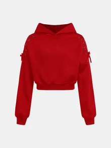SHEIN Girlism 兒童青少年女孩秋冬萬聖節時尚街頭風黑色貓耳連帽長袖抽繩套頭運動衫 - 紅色 - 查看 5