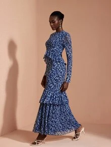 JIAN LASALA Gaun Panjang Elegan dengan Lengan Panjang Berbahan Jala dan Model Bustier Bentuk Hati, Detail Kerut dan Lapisan Ruffle Ganda - Biru - View 1