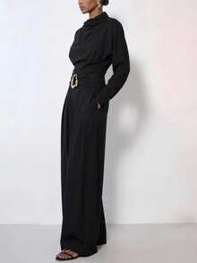 Zivah Women's Solid Color Pleated Batwing Long Sleeve Shirt And Wide Leg Pants Elegant 2 Pieces Set - Black - View 2