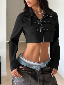 StreetHx Cool Sexy Short Motorcycle Style Eyelet Design Black Short Trench Coat Jacket - Black - View 1