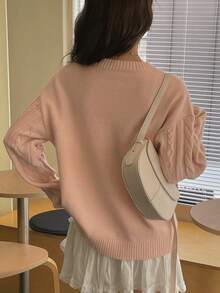 DAZY Solid Color Loose Round Neck Long Sleeve Cable Knit Casual Vintage Korean Style Daily Autumn/Winter Knit Sweater For Women - Pink - View 7