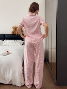 Napfluff Pink Plaid Print Pocket Heart Embroidery Pajama Set 2pcs - Multicolor - View 2