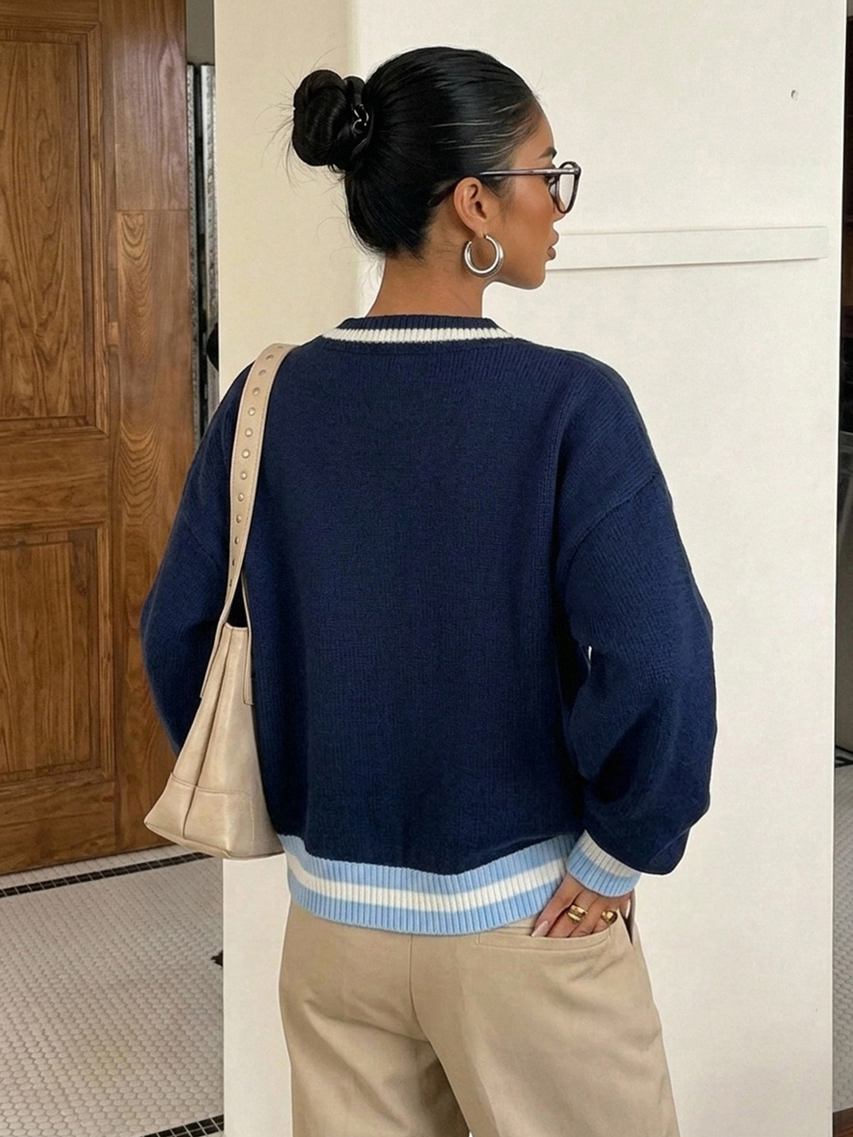 Women's Navy Blue Round Neck Long Sleeve Cable Knit Fitted Ribbed Casual Sweater, Winter