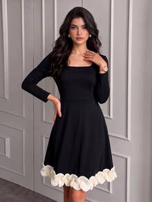 NOVVYNE Women's Short Dress, Elegant Square Neck Long Sleeve Contrast Color Ruffle Hem A-Line Black Dress Suitable For Party Birthday Outing Evening Vacation Autumn - Black - View 8
