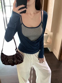 DAZY Women's Contrast Color Camisole Top With Long Sleeve Casual Elegant T-Shirt - Blue - View 3