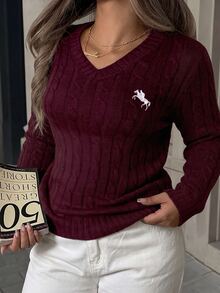 SHEIN EZwear Plus Size Vintage Fashion Embroidered Long Sleeve Pullover Sweater - Burgundy - View 5