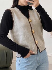 Modelyn Plus Size Shell Embroidery Metal Decor Knitted Vest Cardigan - Khaki - View 7
