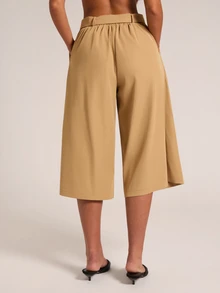 SHEIN BAE Women's Loose Casual Solid Color Back Waist Elastic Pleated Mid-Length Wide Leg Pants - Khaki - View 2