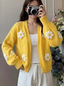 SHEIN 青少年女孩秋冬休閒優雅黃色可愛3D鉤針花朵裝飾針織開襟外套，秋冬穿搭，適合返校與日常穿著 - 黃色 - 查看 4