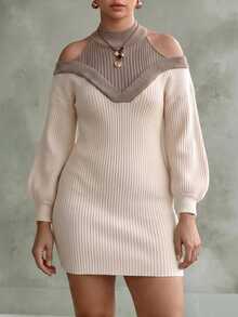 Velvienne Plus Size Women's Colorblock Mock Neck Cold Shoulder Knit Dress - Beige - View 6