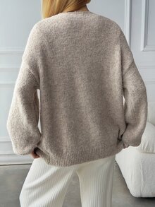 DAZY Solid Color Loose Long Sleeve Tie-Neck Round Collar Casual Vacation Korean Style Autumn/Winter Knit Cardigan For Women - Khaki - View 3
