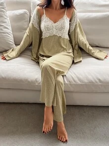 DAZY Women's French Lace Camisole & Pants With Long Sleeve Cardigan Pajama Set - Yellow - View 6