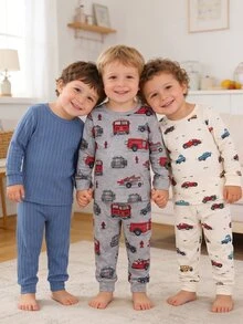 6pcs/Set Baby Boy Cartoon Car Print Ribbed Long Sleeve Top And Footed Pants Soft Casual Pajama Set, Multiple Colors Available - Multicolor - View 6