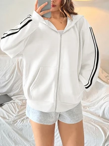 SHEIN Girlism 青少年女孩深白色開襟連帽寬鬆休閒秋季運動衫，簡約休閒，運動風 - 白色 - 查看 3